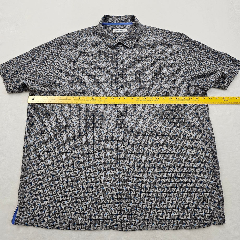 Tommy Bahama Shirt Mens XXL Grey Blue Geometric Silk Hawaiian Resortwear Beach - Picture 7 of 11